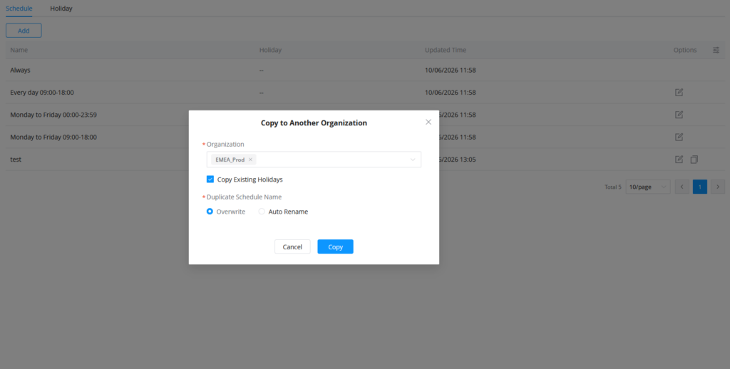 Copy Shcedule - Documentation Center Copy to Another Organization dialog: select Organization (EMEA_Prod); Copy Existing Holidays checked; Duplicate Schedule Name set to Overwrite; Cancel and Copy buttons.