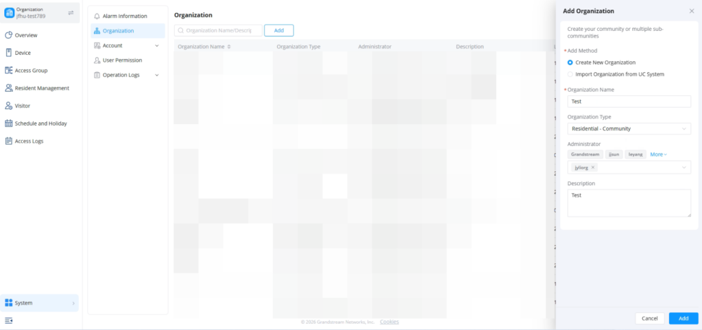 Create New Organization - Documentation Center Organization management screen showing a list of organizations with an Add Organization modal on the right, including fields for name, type, administrator, and description.