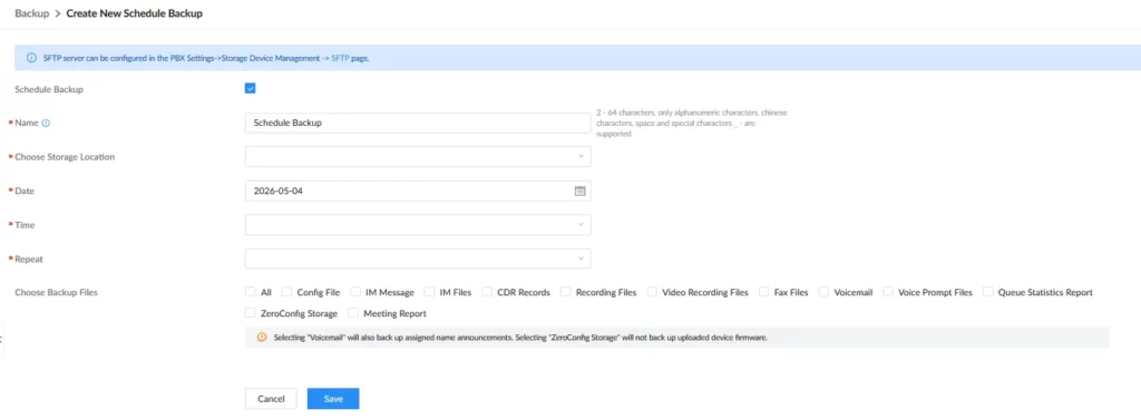 Form to schedule a new backup with fields for name, location, date, time, repeat and file selections (checkbox list).