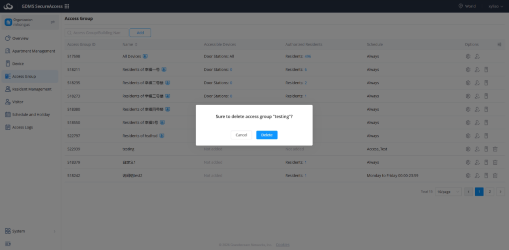 Delete Access Group - Documentation Center Confirmation dialog: Delete access group 'testing' with Cancel and Delete options; background shows the access group list.