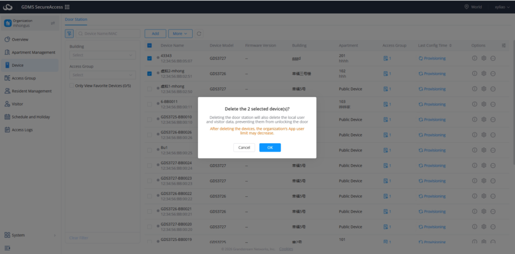 Delete Devices - Documentation Center Modal confirming deletion of 2 selected devices; warning about data loss, with Cancel and OK buttons visible in a device management screen.