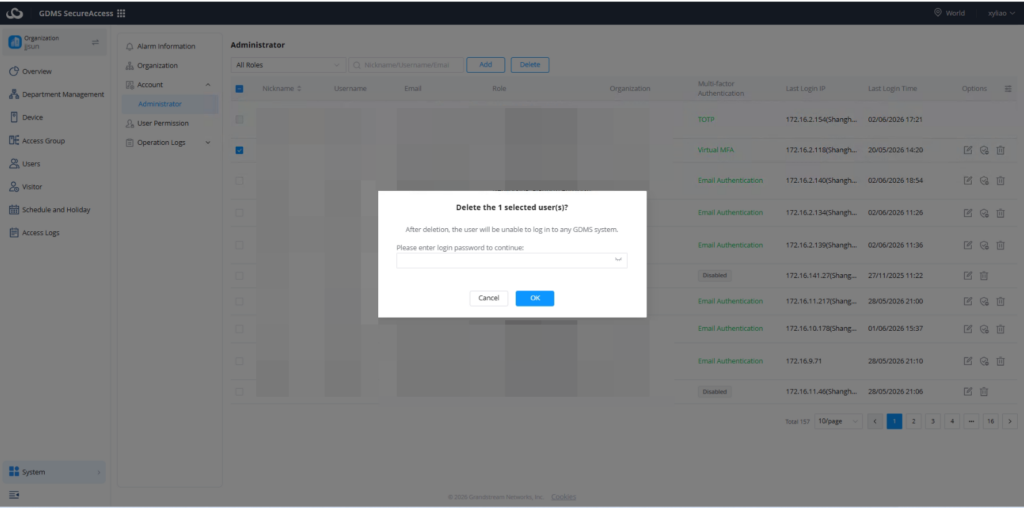 Delete account - Documentation Center Confirmation dialog: Delete the 1 selected user(s); enter password to proceed, with Cancel and OK options.