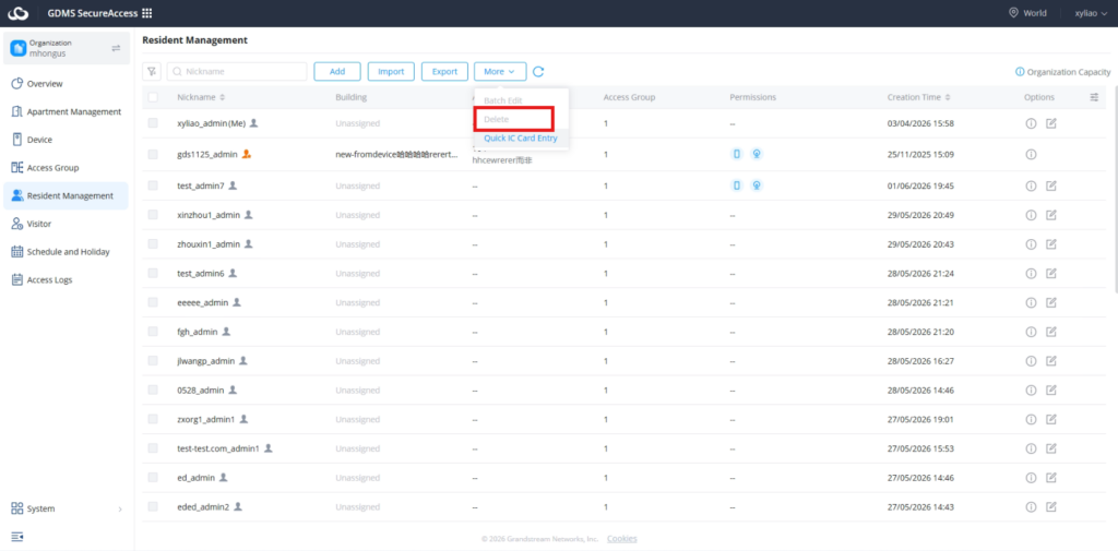 Delete users - Documentation Center Resident Management page with a list of admin users; Delete option highlighted in the action menu.