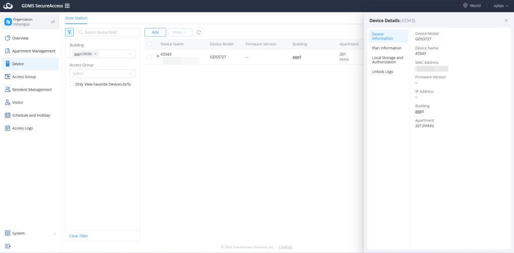 Device Information - Documentation Center Admin dashboard: left navigation, center device list, and a right-side Device Details pane for the selected device.
