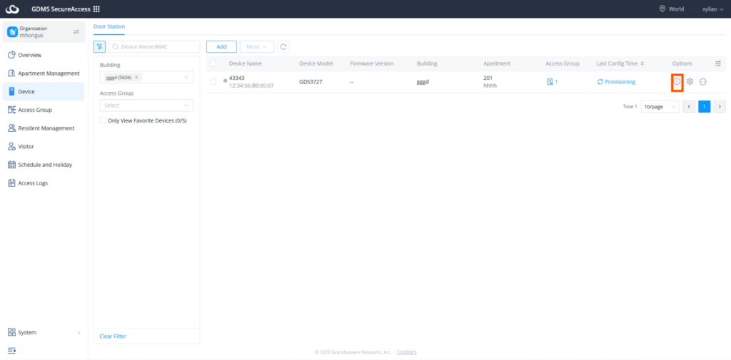 Door Station - Documentation Center Device management screen: table showing one device (43343) with columns for name, model, firmware, building, apartment, access group, last config time; an orange-highlighted info button in the Actions column