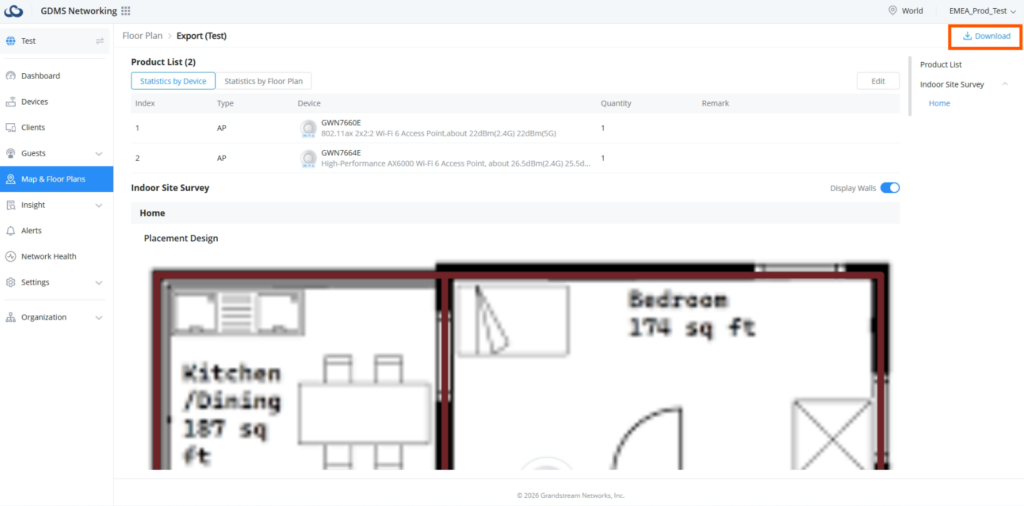 GDMS Networking UI: Floor Plan Export page with product list and floor plan image.