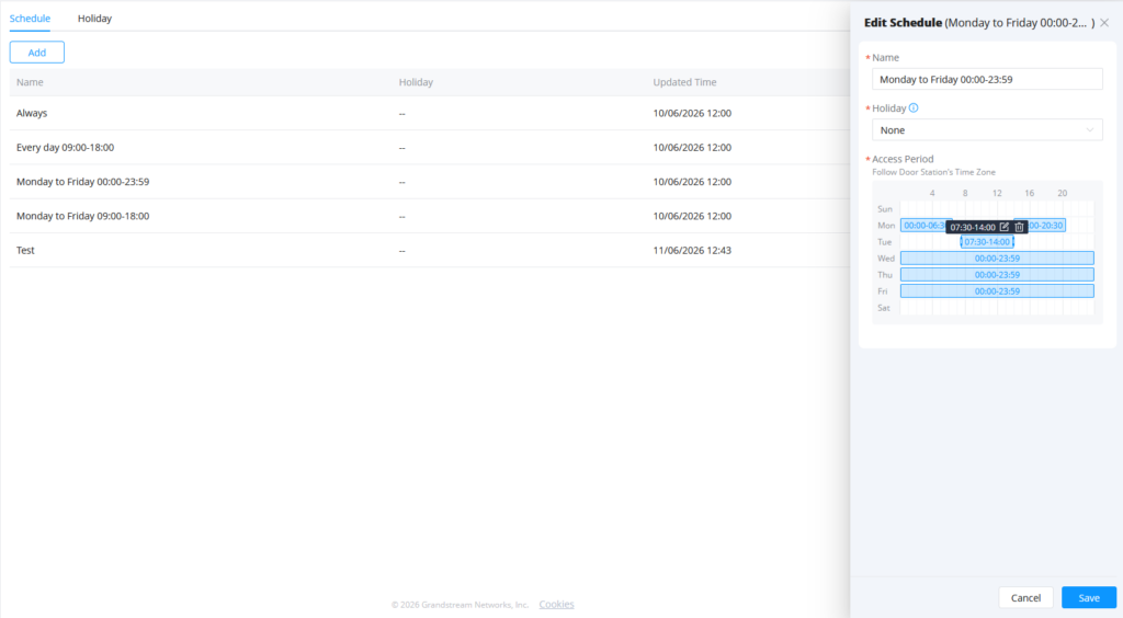Edit schedule - Documentation Center Scheduler page showing a list of time-based schedules with names like Always, Every day 09:00-18:00, and Monday to Friday 00:00-23:59; right panel opens to Edit Schedule
