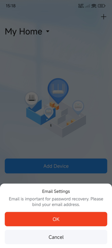 Email Binding Prompt - Documentation Center Mobile app home screen showing an isometric device map and a blue Add Device button; a bottom Email Settings modal with OK and Cancel.