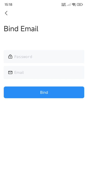 Enter Email to Bind - Documentation Center Screen titled 'Bind Email' with two input fields labeled Password and Email and a blue Bind button, for submitting email binding.