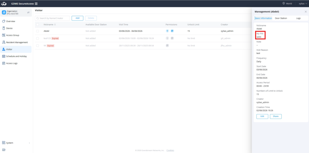 Entry with PIN - Documentation Center GDMS SecureAccess: Visitor list with Abdel selected; right panel shows PIN 4455 under Management details.