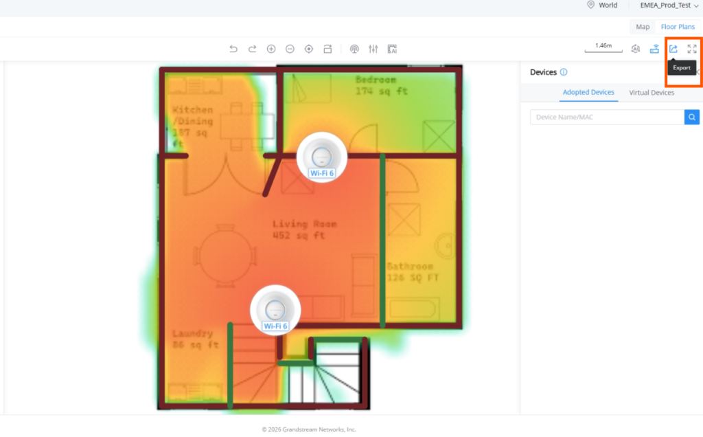 Floor plan with a Wi‑Fi heatmap showing signal coverage; red/orange areas indicate strong signal and green areas weaker, with two Wi‑Fi markers on the layout