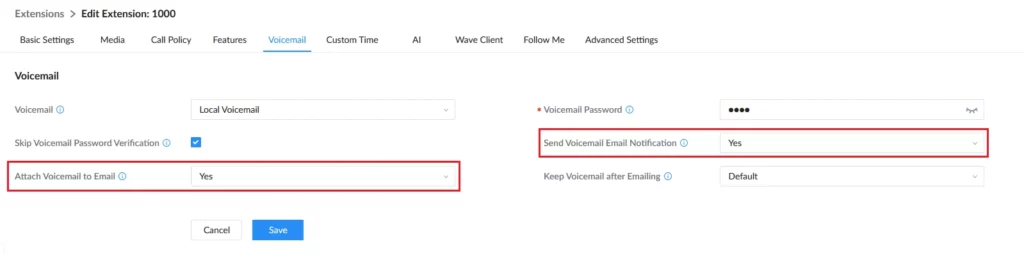 Extension_Voicemail_Settings - Documentation Center Voicemail settings: Local Voicemail, attach voicemail to email, and email notifications enabled