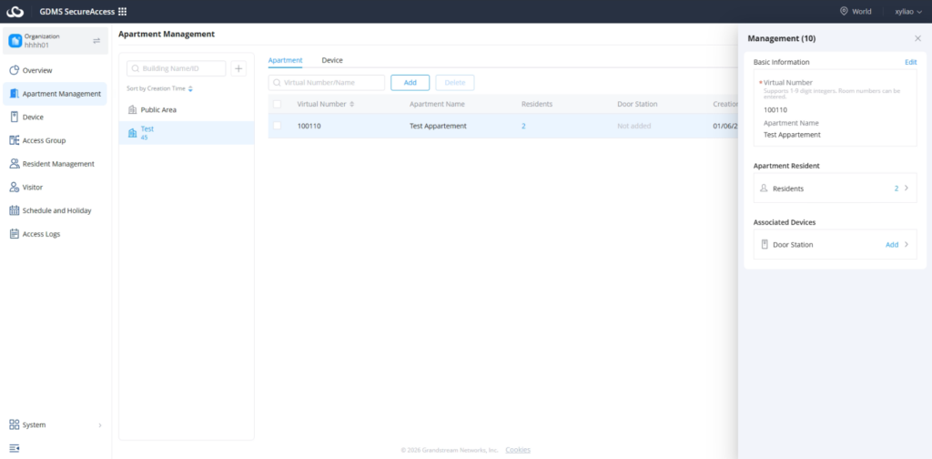 GDMS SecureAccess Apartement and Building - Documentation Center Apartment Management UI: left navigation and a list with one entry 'Test Apartment' (Virtual Number 100110) and a right-side Management panel showing Residents: 2.
