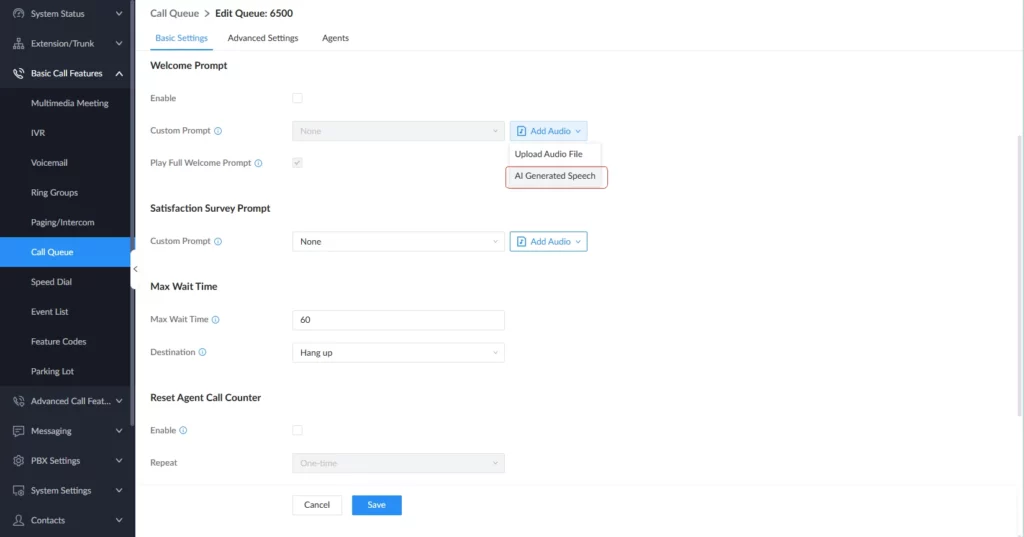 Generate_Prompt_for_CQ - Documentation Center UI for editing Call Queue 6500: left navigation with Basic Call Features and settings form, including Welcome Prompt options and AI Generated Speech under Add Audio.