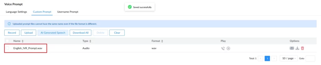 Generated_Prompt - Documentation Center Voice Prompt management screen showing one audio file named English_IVR_Prompt.wav in a table with Play, Download, and Delete options.