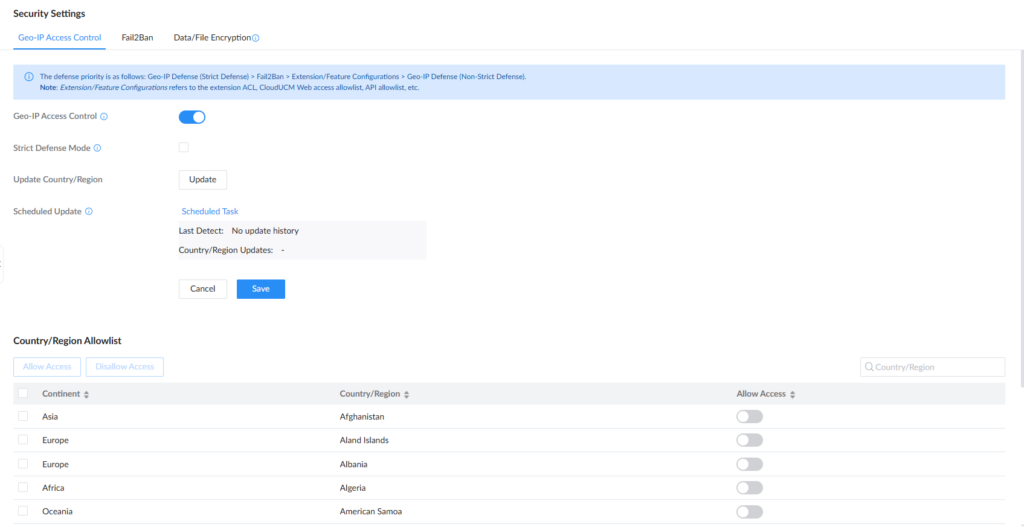 Security Settings page showing Geo-IP Access Control on with a toggle, Update button, and allowlist table of regions below