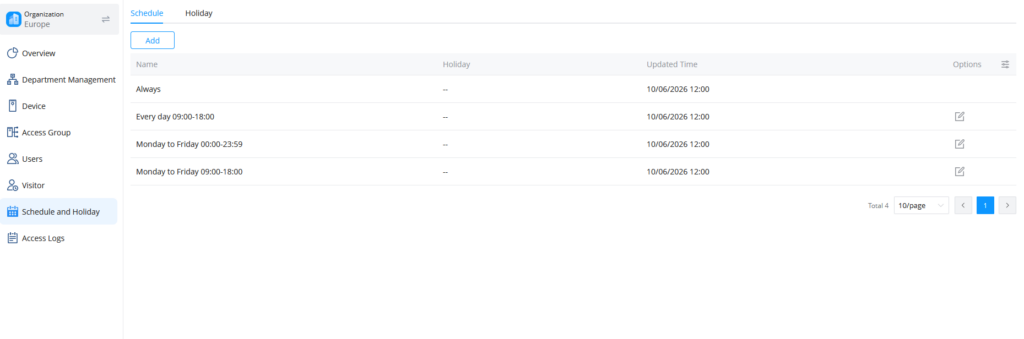 Holidays and Shcedules - Documentation Center Web admin interface: Schedule and Holiday tab with a table of four schedules (Always; Every day 09:00–18:00; Monday–Friday 00:00–23:59; Monday–Friday 09:00–18:00), showing Updated Time, an Add button, edit icons per row, and pagination.