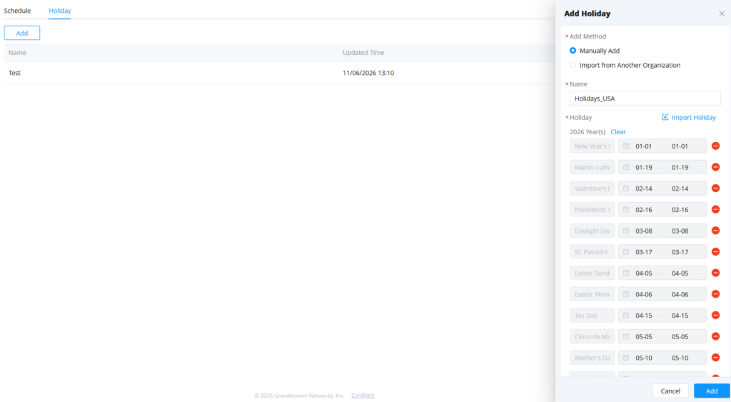 Holidays imported - Documentation Center Web UI for managing holidays: left shows list with a single entry 'Test' updated 11/06/2026 13:10; right panel is 'Add Holiday' form (Manual Add)