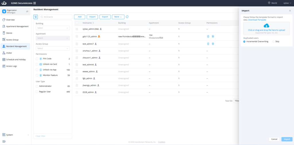 Import Users - Documentation Center Resident Management dashboard with a list of admin users and their access details (nickname, building, apartment, access group, permissions)