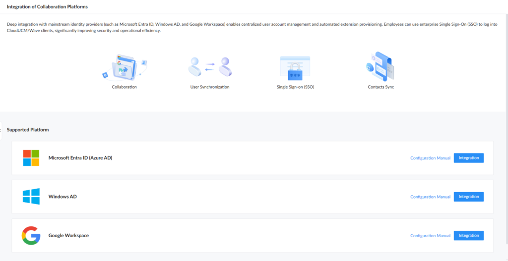 Integration of Collaboration Platforms page showing four feature icons (Collaboration, User Synchronization, SSO, Contacts Sync) and three platform options (Azure AD, Windows AD, Google Workspace).