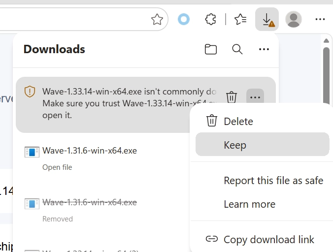 Keep File - Documentation Center Downloads panel showing two Windows executables (Wave-1.33.14-win-x64.exe, Wave-1.31.6-win-x64.exe) and a context menu with Delete and Keep; Keep is highlighted.