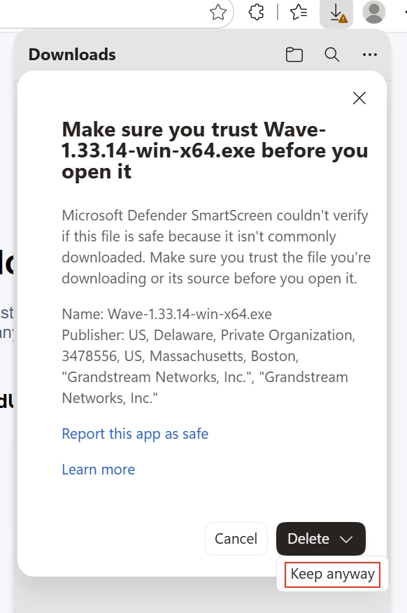 Keep the file anyway - Documentation Center Security warning dialog: Windows Defender SmartScreen asking if you trust Wave-1.33.14-win-x64.exe before opening; includes Name, Publisher, and options Cancel, Delete (Keep anyway).