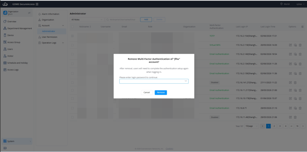 MFA Authentification - Documentation Center Modal: Remove Multi-Factor Authentication for 'jfu' account; enter password to confirm, with Cancel and Remove options.
