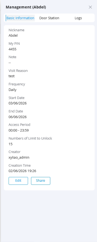Management - Documentation Center Management panel for Abdel showing PIN, visit reason, daily frequency, date range, access hours, unlock limit, creator, and creation time with Edit/Share actions.