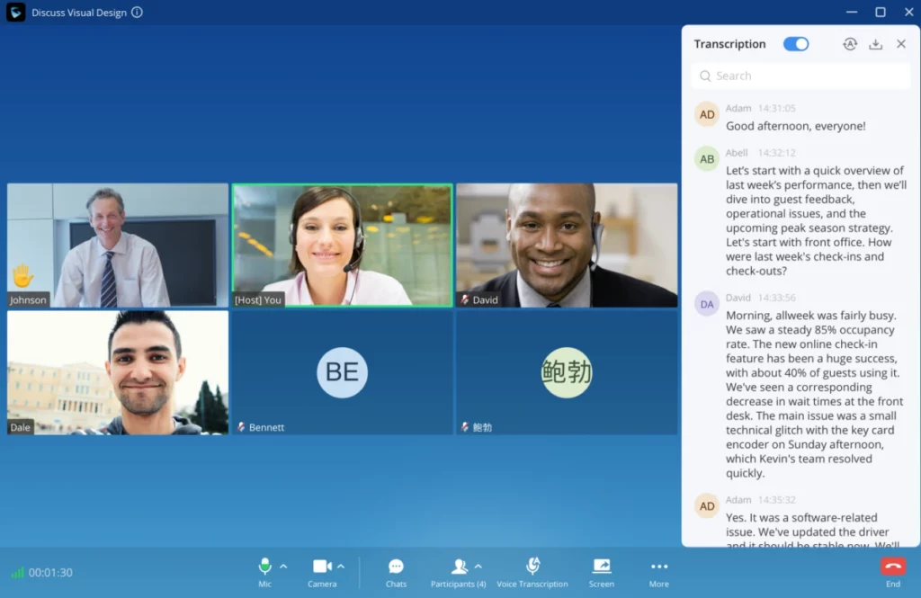 Meeting_Real-Time_Transcript - Documentation Center Video conference grid with six participants; two tiles show initials or avatars, one tile labeled Host You; transcription panel on the right with chat messages visible; bottom toolbar icons