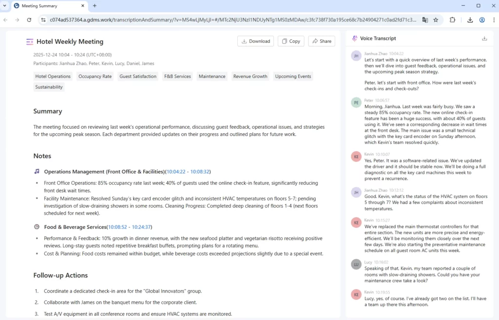 Meeting_Summary - Documentation Center Screenshot of a 'Hotel Weekly Meeting' page: title, date/time, participants, topic tags; sections for Summary, Notes, Follow-up Actions; right-side panel shows a Voice Transcript chat with participant messages.