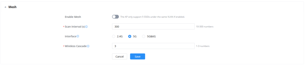 Mesh settings panel with toggle, scan interval 300s, interface options (2.4G, 5G, 5G&6G), and cascade 3; Cancel and Save buttons.