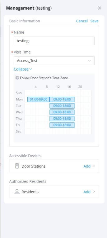 Modify Shcedules - Documentation Center Scheduling dialog for 'Management (testing)' with fields: Name 'testing', Visit Time 'Access_Test', timezone grid showing Mon 01:00–09:00 and Tue–Sat 09:00–18:00, plus sections for Accessible Devices (Door Stations) and Authorized Residents (Residents) with Add options.