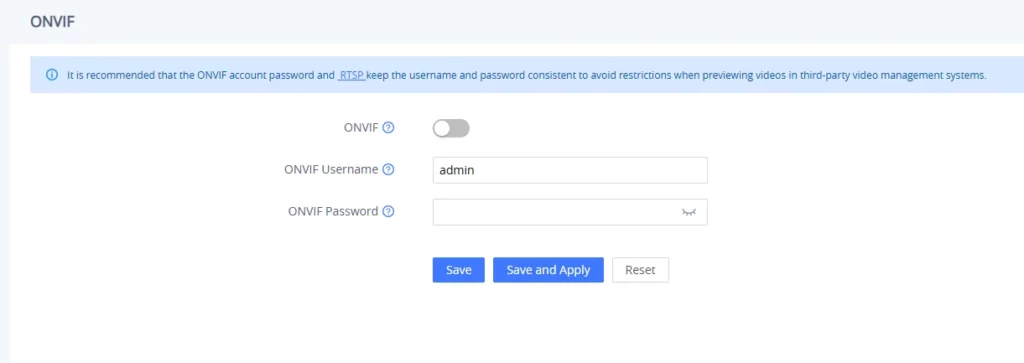 ONVIF settings screen: toggle off, username 'admin', password field, and action buttons Save, Save and Apply, Reset with an informational banner above