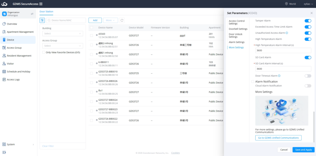 More Settings - Documentation Center GDMS SecureAccess dashboard: left navigation, device list table, and a right-hand Set Parameters panel with toggles and options.