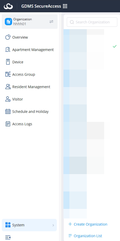 Organization list - Documentation Center GDMS SecureAccess: left sidebar shows Organization hhhh01 and menu items (Overview, Apartment Management, Device, Access Group, Resident Management, Visitor, Schedule and Holiday, Access Logs); right pane has a search bar and a grid area with a + Create Organization link.