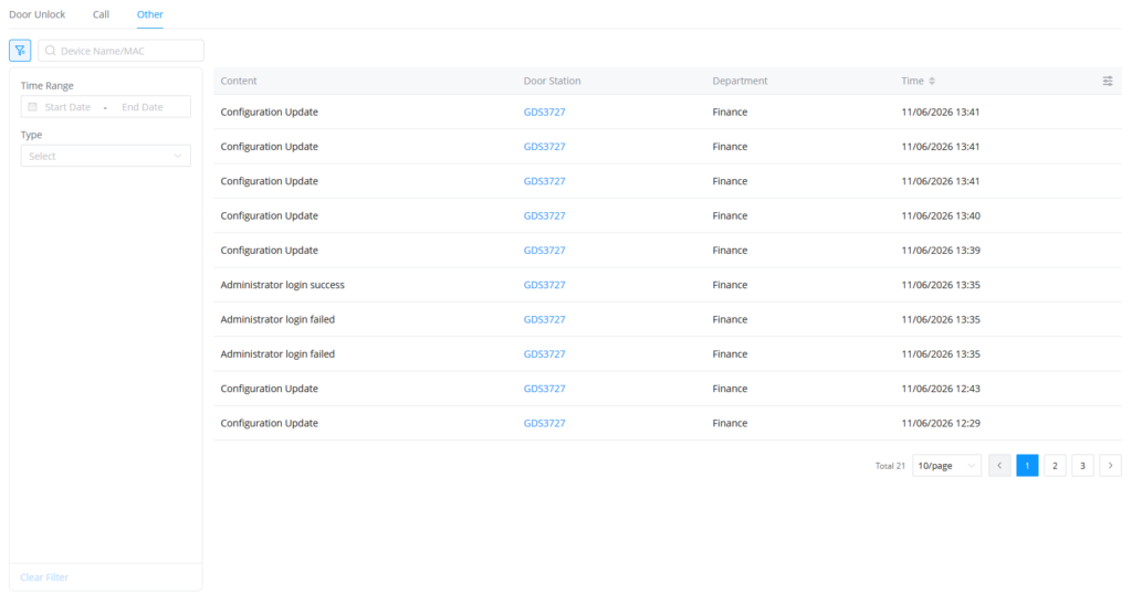 Other logs - Documentation Center Event log: Configuration Update entries for door station GDS3727 in Finance with timestamps
