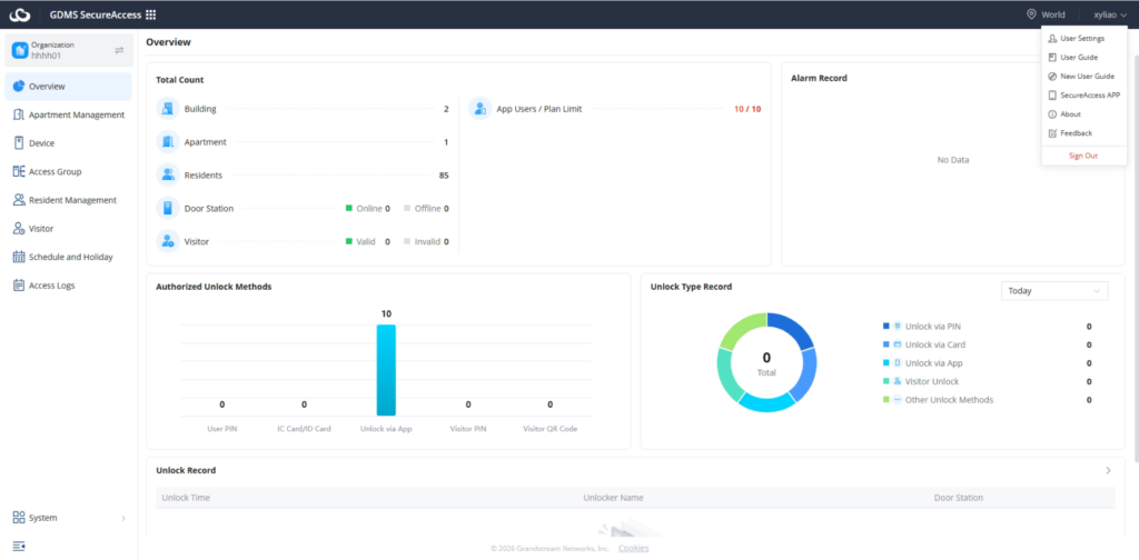 Overview - Documentation Center GDMS SecureAccess dashboard: left navigation, top user menu, and an Overview with total counts, app user limit, and empty Alarm Records panel.