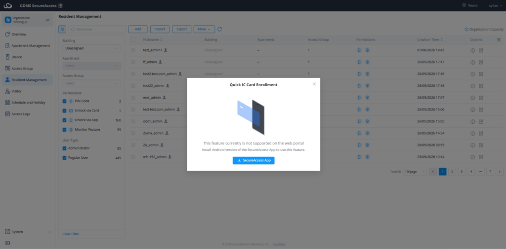 Quick IC Card Entry - Documentation Center Dialog: 'Quick IC Card Enrollment' modal with a blue card illustration and 'SecureAccess App' button, explaining web portal support is unavailable.