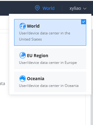 Regions - Documentation Center Region selector dropdown showing World (selected) with United States data center; options: EU Region and Oceania
