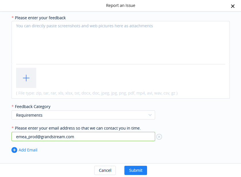 Report an issue - Documentation Center Feedback form titled 'Report an Issue' with a large comment text box, a file attachment area, a 'Requirements' category, an email field, and Cancel/Submit buttons.