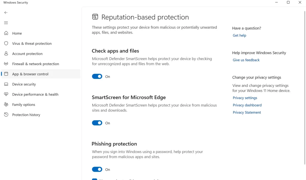 Reputation-based protection - Documentation Center Windows Security settings: App & browser control pane with toggles for reputation-based protection and SmartScreen features on the right panel and a vertical left navigation menu shown beside it.