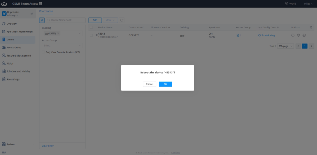 Restart device or devices - Documentation Center Modal: 'Reboot the device "43343"?' with Cancel and OK buttons; dimmed dashboard backdrop showing device list and navigation on left