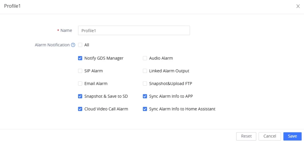 Safe Room - Action Profile - Documentation Center Profile1 settings dialog with multiple alarm notification checkboxes and a Save button