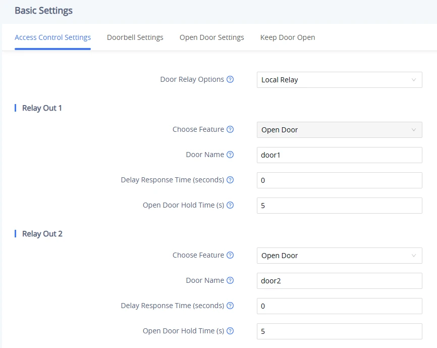 Safe Room Mode - Indoor Unit - Relay Out - Documentation Center Basic Settings panel with Access Control Settings tab active, showing Relay Out 1 and 2 configuration (Open Door, door1/door2, 0s delay, 5s hold).