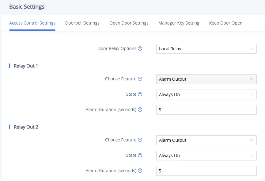 Safe Room Mode - Outdoor Unit - Relay Out - Documentation Center Access Control Settings page: Relay Out 1 and 2 with Alarm Output, Always On, and 5s duration.