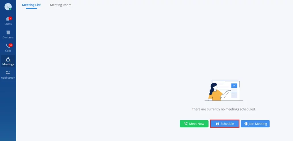 Schedule_Meeting_from_Wave - Documentation Center Meeting app empty state: no meetings scheduled, with three actions: Meet Now, Schedule, Join Meeting.