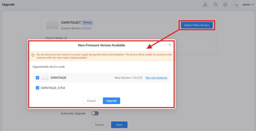 Screenshot 2026-05-12 113140 - Documentation Center UI showing firmware upgrade screen with a 'Detect New Version' button and a modal titled 'New Firmware Version Available' listing upgradable devices and actions Cancel and Upgrade