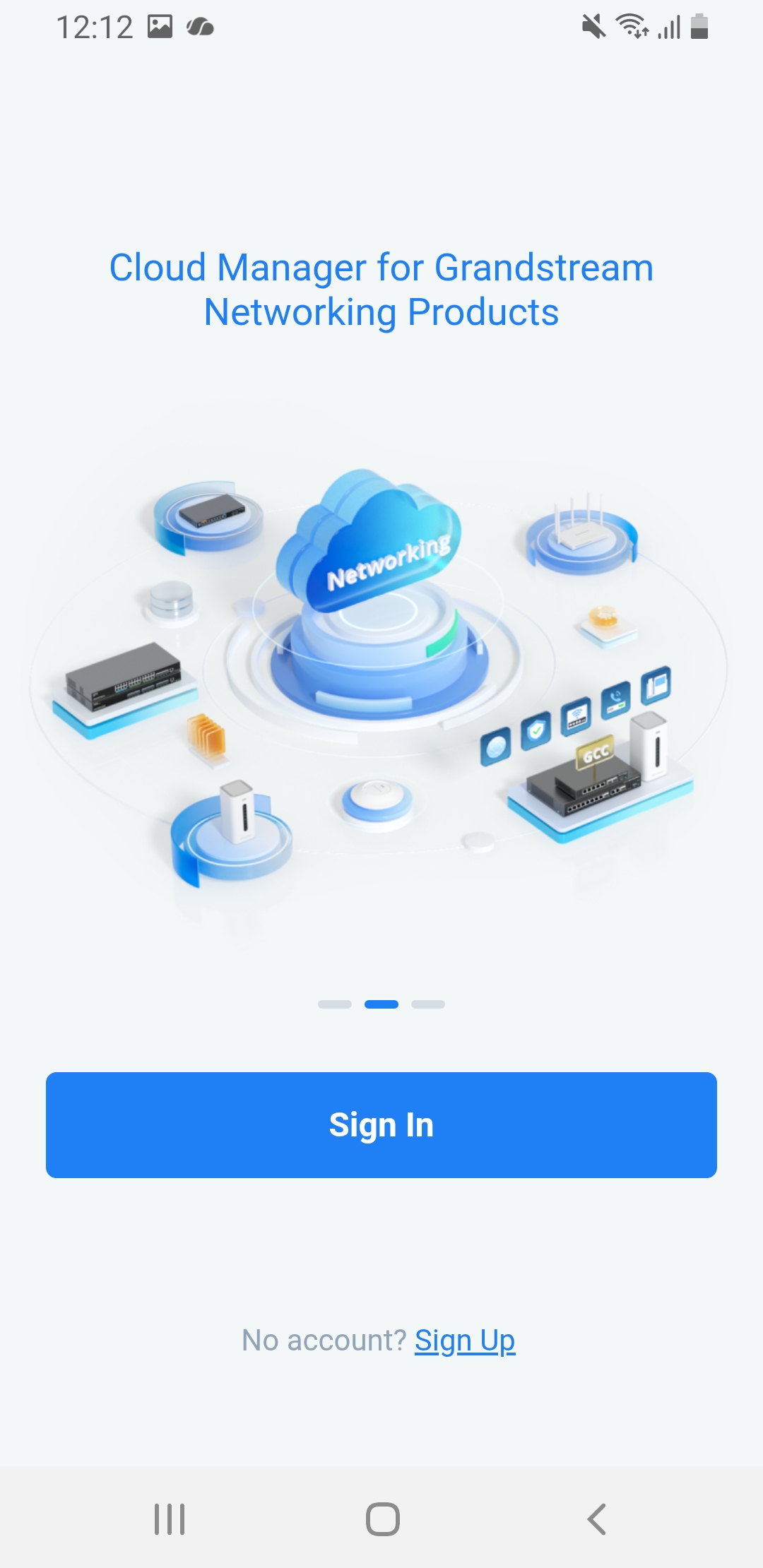 Login screen for Cloud Manager app with a blue cloud networking illustration and a large Sign In button at the bottom.