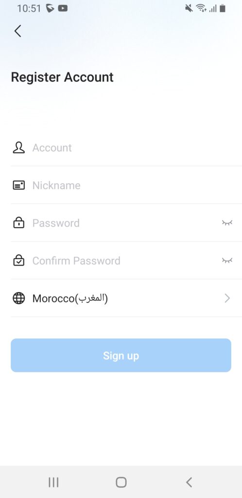 Screenshot_20260512-105145_GS Home - Documentation Center Registration form titled 'Register Account' with fields for Account, Nickname, Password, Confirm Password and Morocco country; blue Sign up button at bottom.