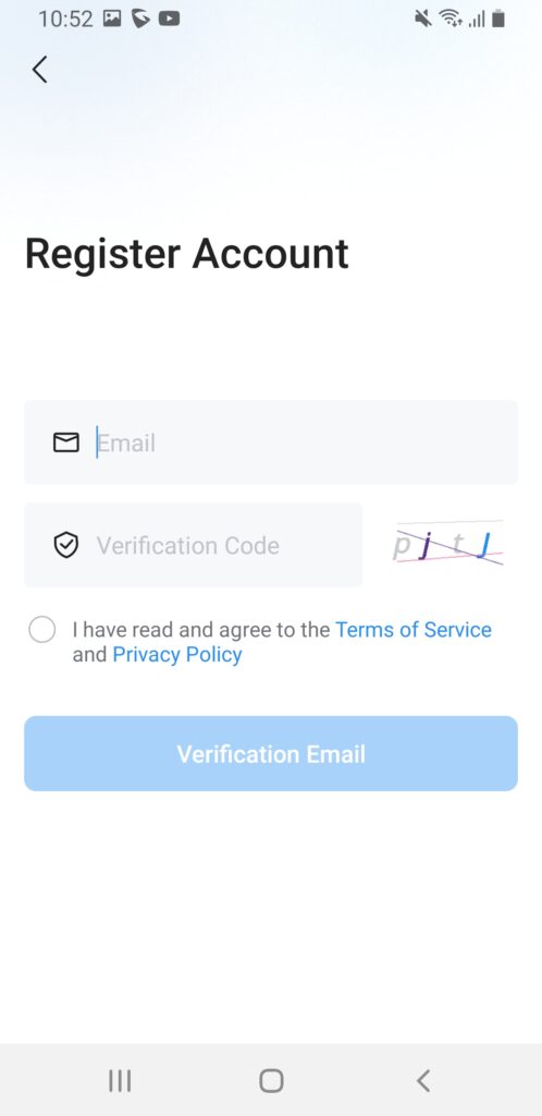 Screenshot_20260512-105225_GS Home - Documentation Center Register Account screen showing Email input field, a Verification Code field with CAPTCHA image, a terms/privacy checkbox with link text, and a blue 'Verification Email' button.